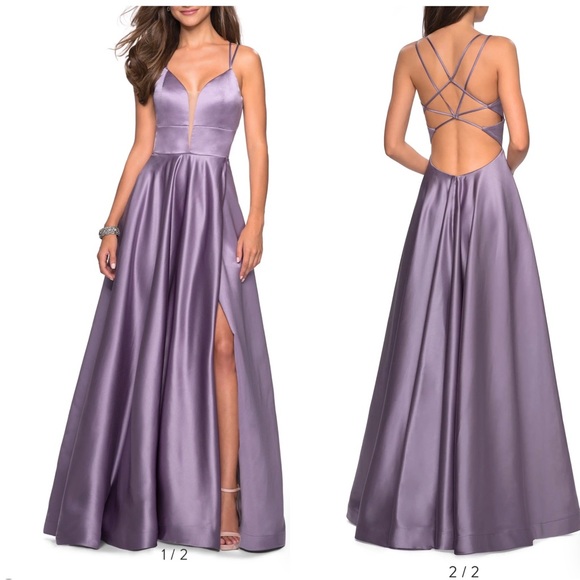 LA FEMME Plunge Neck Thigh High Slit Strappy Back Satin Ballgown Size 4 NWOT